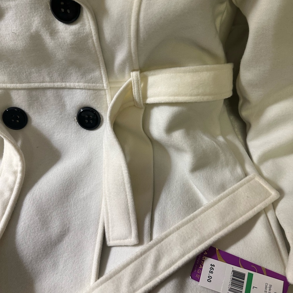 Rampage Coat Women's Large White Button Front Pockets Belt Polyester Long Sleeve